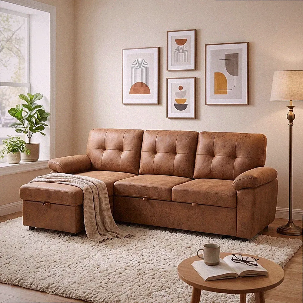 88.5" Convertible L-Shaped Pull-Out Sectional Sofa Bed with Storage Chaise