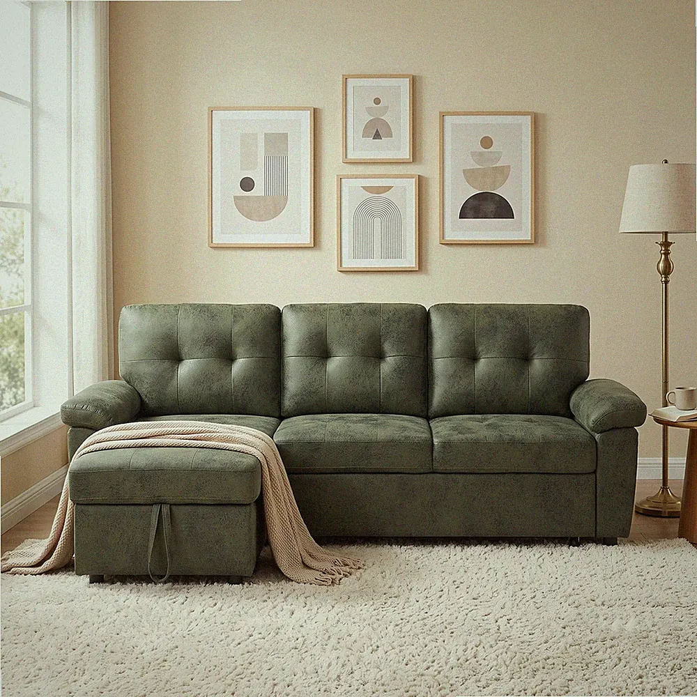 88.5 Inch L Shaped Convertible Sofa Bed with Storage Chaise Olive Green Fabric
