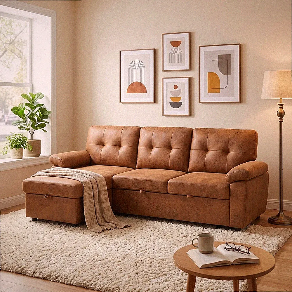 88.5" L-Shaped Sectional Sofa Bed, Pull-Out Sleeper, Reversible Storage Chaise