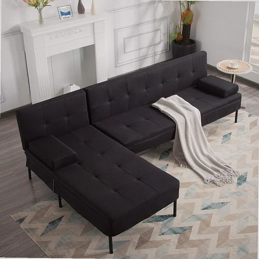 89.4" L-Shaped Convertible Sofa Bed Reversible Chaise Full Sleeper Black Fabric