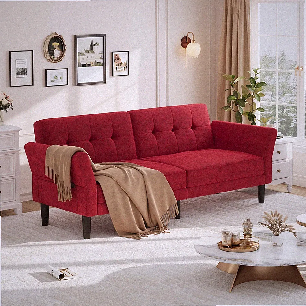 89" Futon Sofa Bed, Modern Chenille Sleeper Couch Adjustable Backrest & Armrest