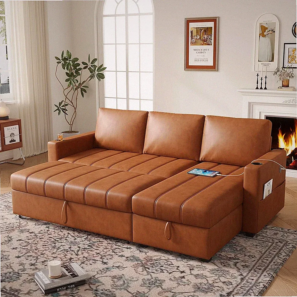 89 Inch L-Shaped Sectional Sofa Sleeper with Storage Space & Side Pocket, Anti-S