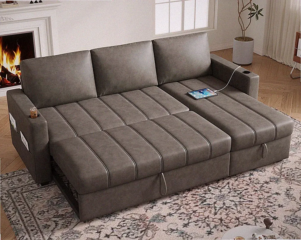 89” L Shape Sofa Sleeper, Sectional Sofa Bed with Hidden Storage& Side Pocket, A
