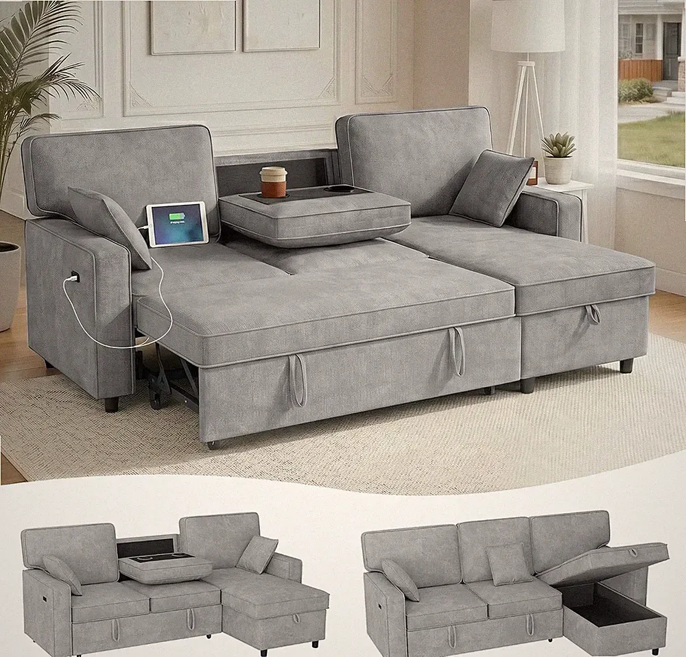89'' L Shaped Sectional Sleeper Sofa with Flip-Down Center Console & Charging Po