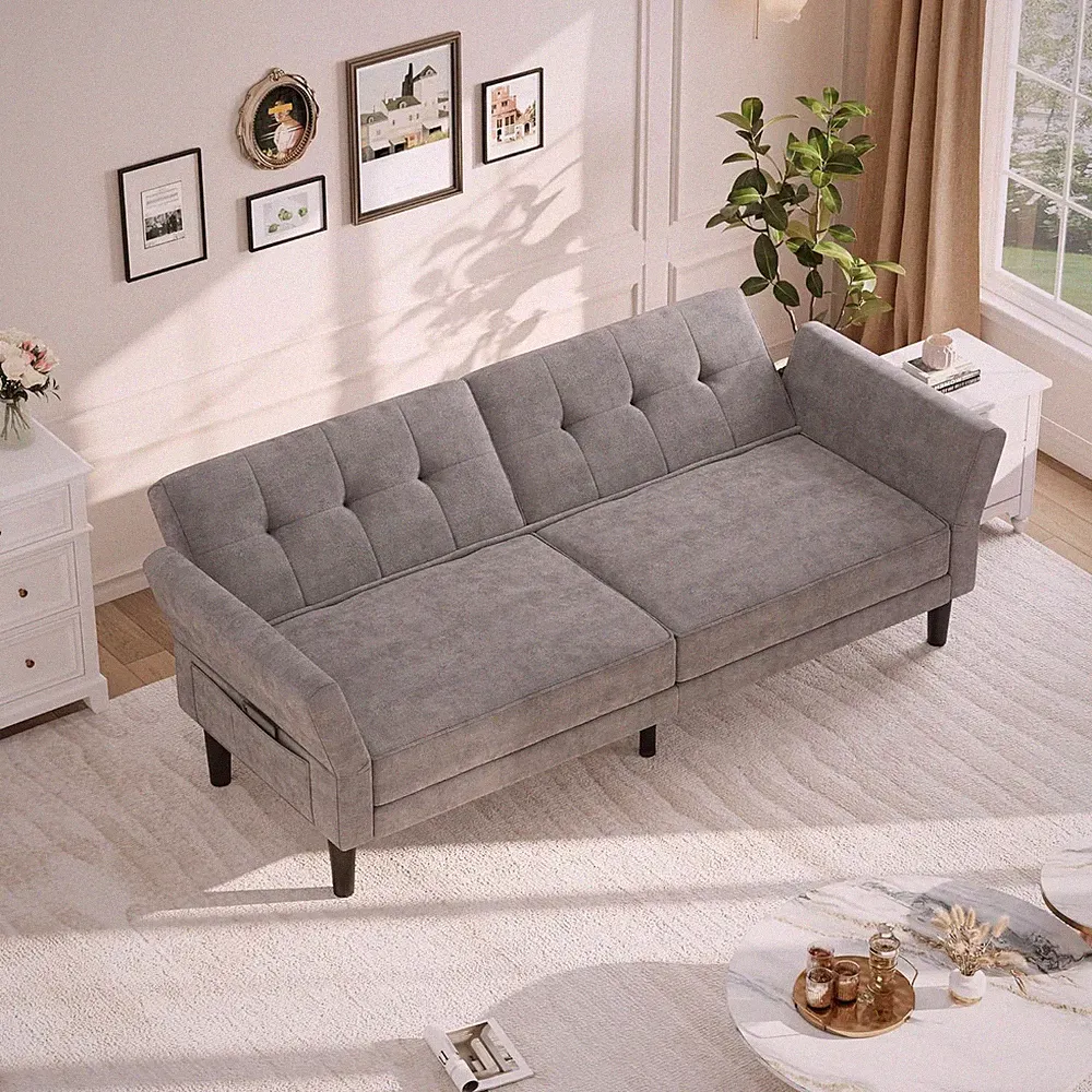 89" Modern Futon Sofa Bed with Adjustable Backrest & Armrest