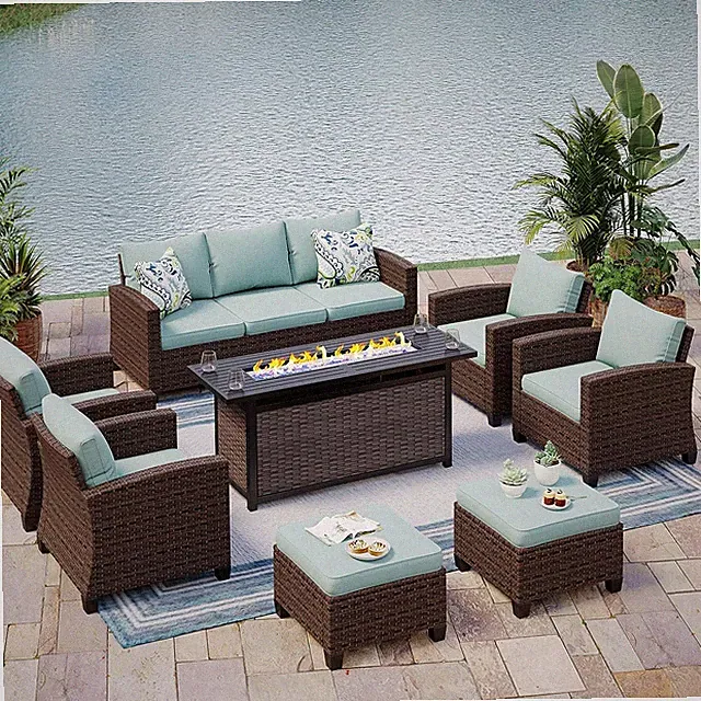 8PCS Outdoor Patio Rattan Wicker Furniture Set Loveseat Wicker with Cushioned