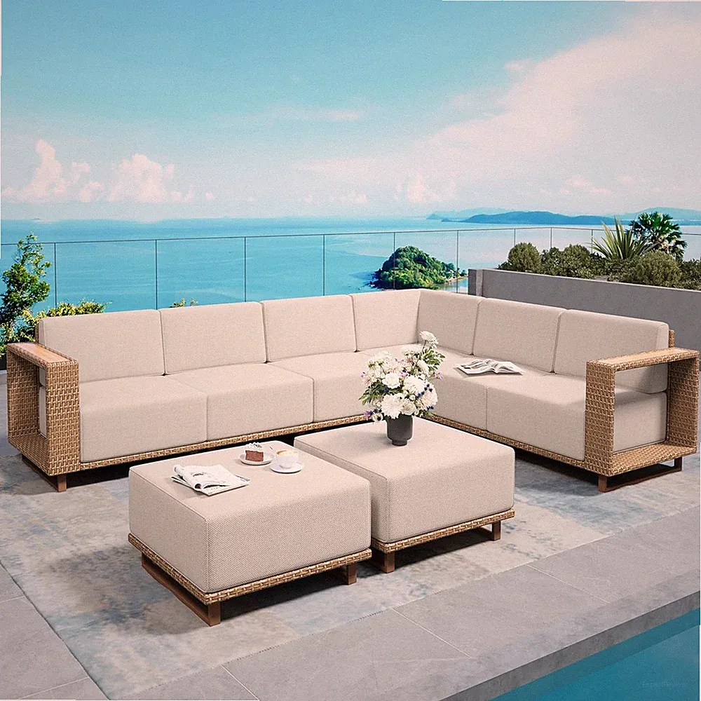 8Pcs Outdoor Sectional, Patio Furniture with 10" Thick Cushions, Beige | Yellow