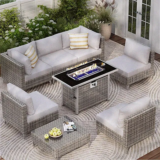 8PCS Outdoor Wicker Patio Furniture Set w/43" 60000 BTU Fire Pit Table Backyard