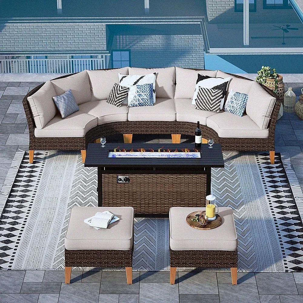 8Pcs Patio Furniture Set Outdoor Wicker Rattan Conversation Set w/Fire Pit Table