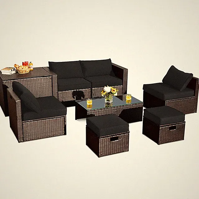 8PCS Patio Rattan Furniture Set Space-Saving Storage Cushion W/Cover Black