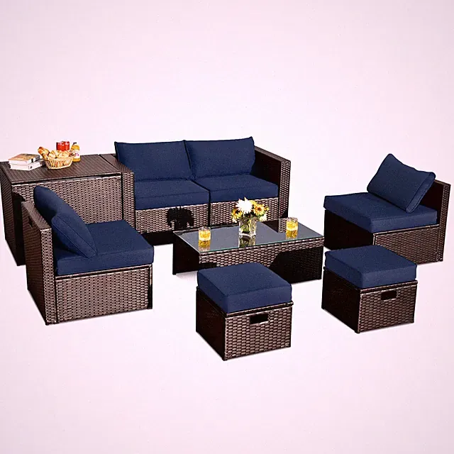 8PCS Patio Rattan Furniture Set Space-Saving Storage Cushion W/Cover Navy
