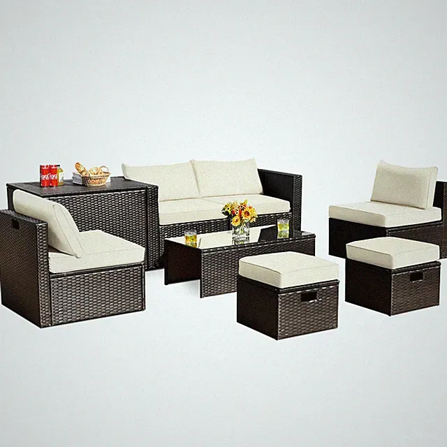 8PCS Patio Rattan Furniture Set Space-Saving Storage Cushion W/Cover Off White
