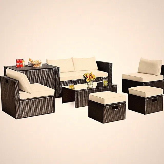8PCS Patio Rattan Furniture Set Space-Saving Storage Cushion W/Cover Off White