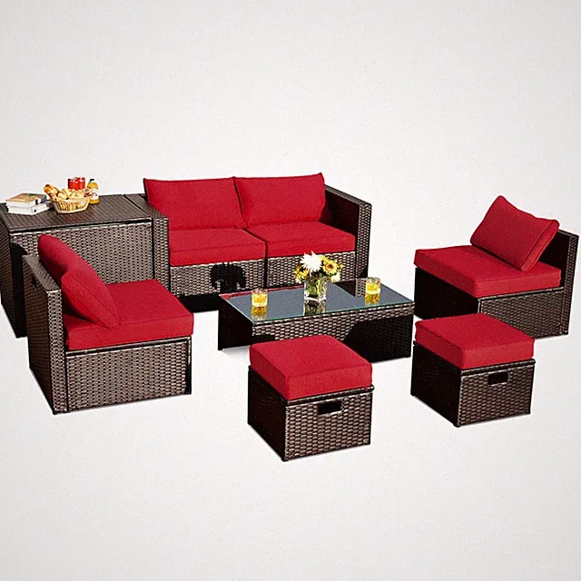 8PCS Patio Rattan Furniture Set Space-Saving Storage Cushion W/Cover Red