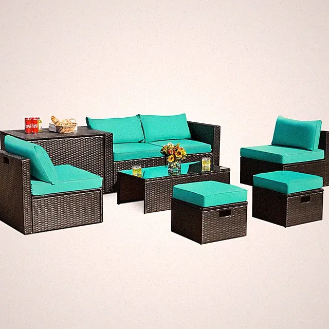 8PCS Patio Rattan Furniture Set Space-Saving Storage Cushion W/Cover Turquoise