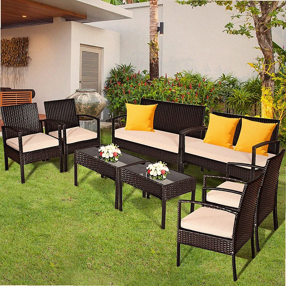 8PCS Patio Rattan Set Cushioned Sectional Sofa Glass Table
