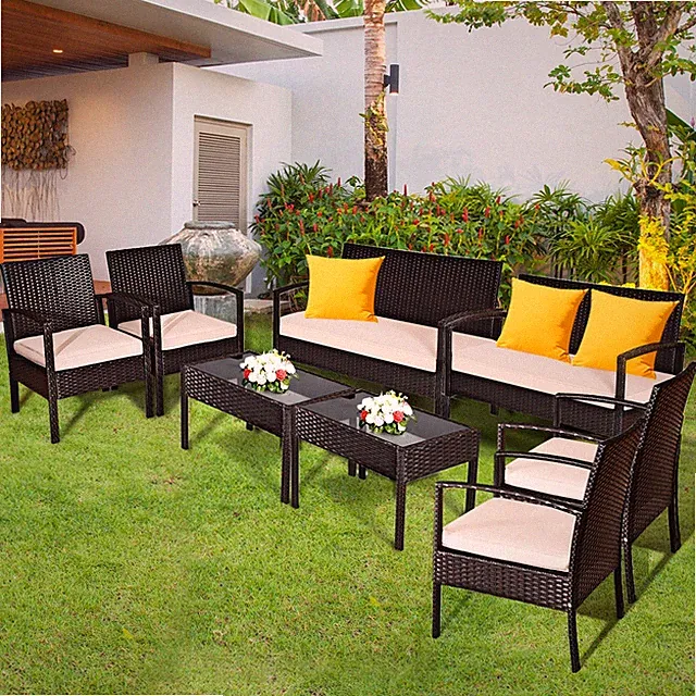 8PCS Patio Rattan Set Cushioned Sectional Sofa Glass Table
