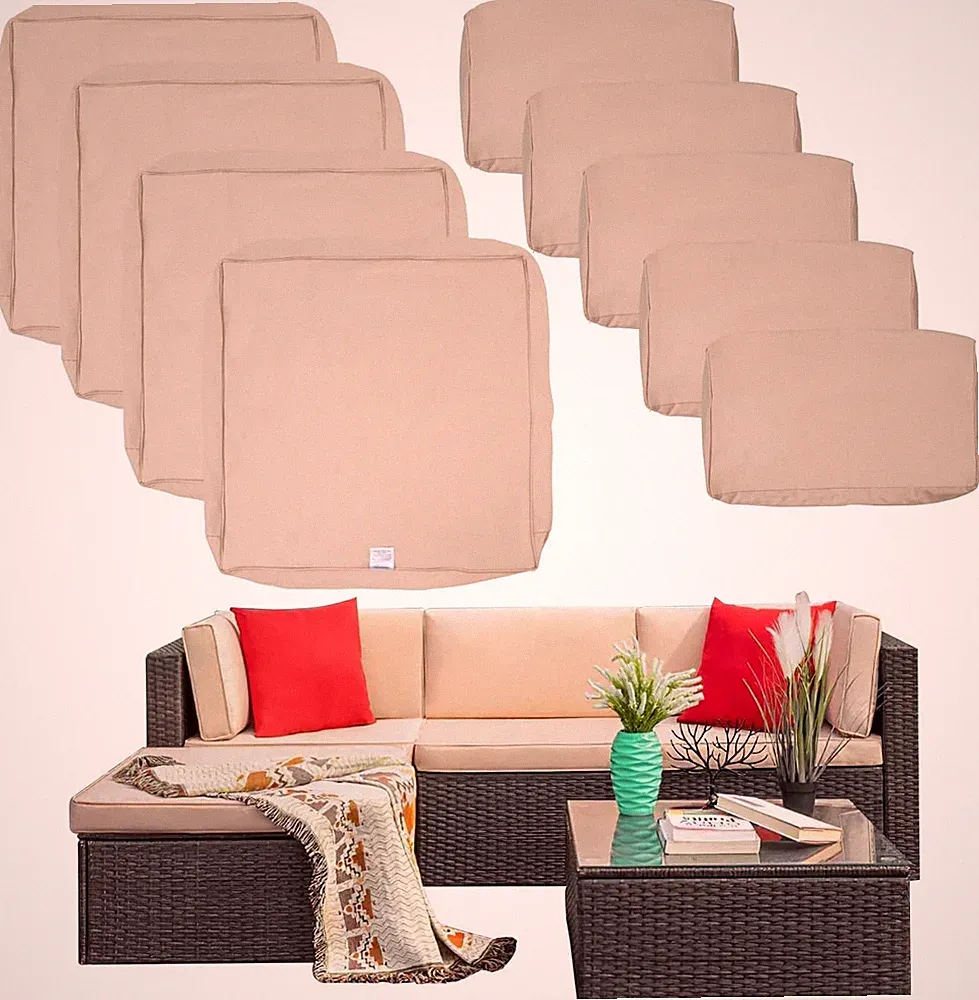 9 Pack Khaki Patio Cushion Covers for 4-Seater Wicker Sofa Set