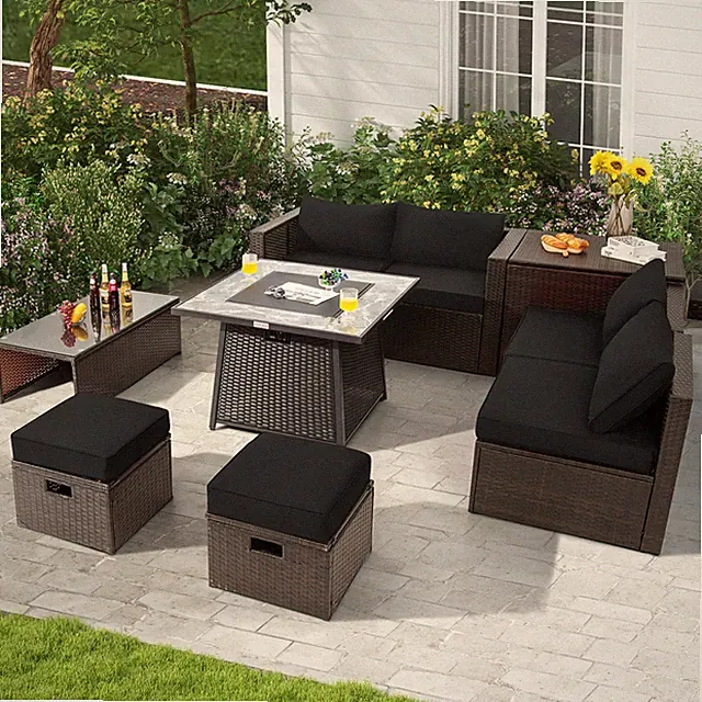 9 PCS Outdoor Patio Furniture Set with 35" Propane Fire Pit Table Cover Black