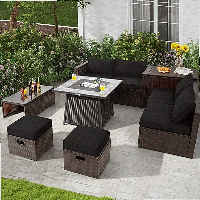 9 PCS Outdoor Patio Furniture Set with 35" Propane Fire Pit Table Cover Black