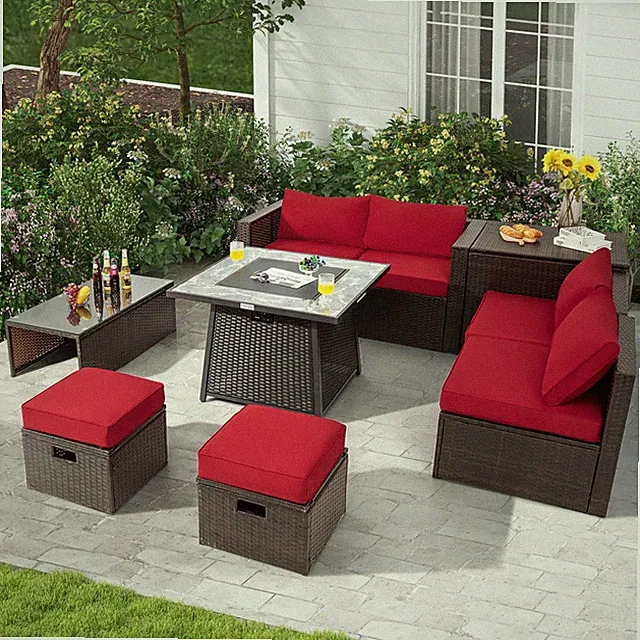 9 PCS Outdoor Patio Furniture Set with 35" Propane Fire Pit Table Cover Red