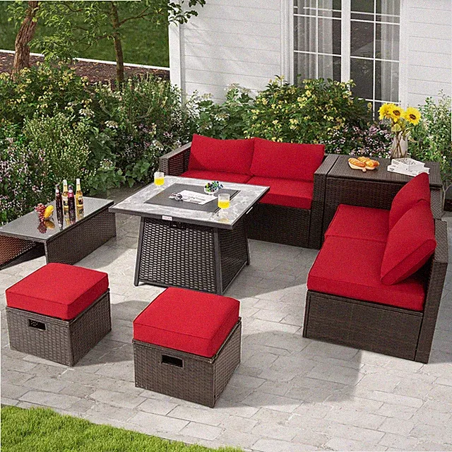 9 PCS Outdoor Patio Furniture Set with 35" Propane Fire Pit Table Cover Red