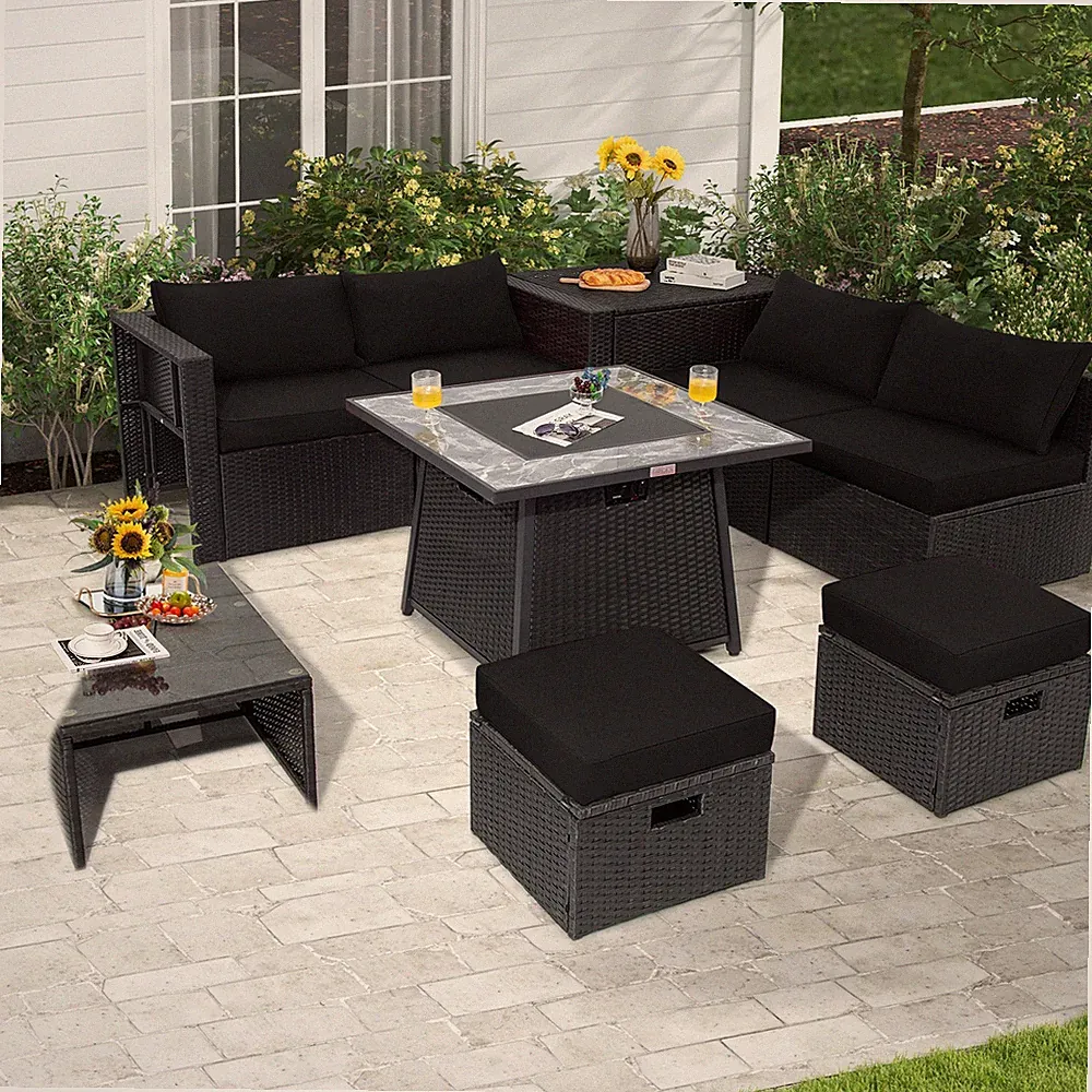 9 PCS Outdoor Rattan Sectional Sofa Set with 35" Gas Fire Pit Table Black