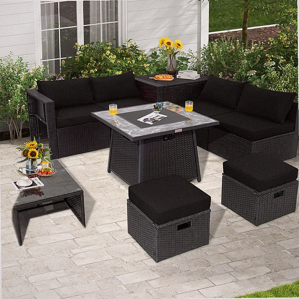 9 PCS Outdoor Rattan Sectional Sofa Set with 35" Gas Fire Pit Table Black
