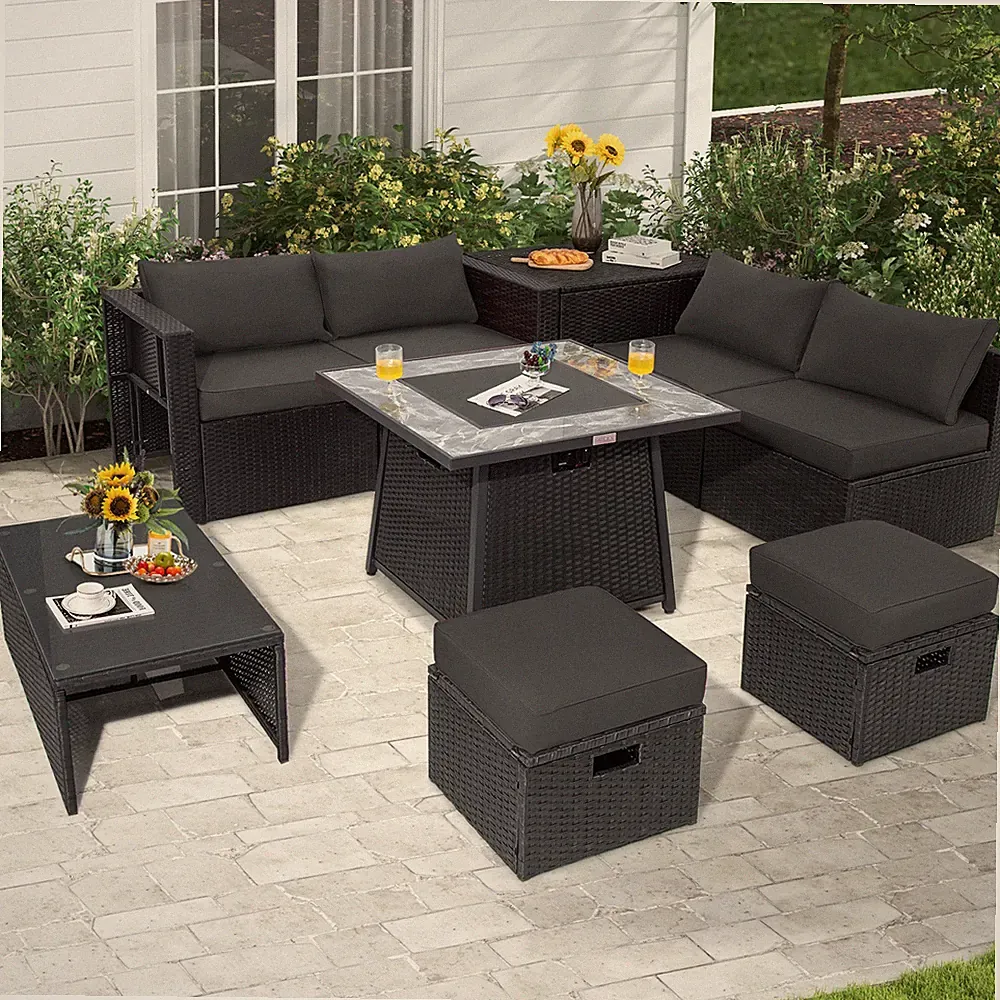 9 PCS Outdoor Rattan Sectional Sofa Set with 35" Gas Fire Pit Table Grey