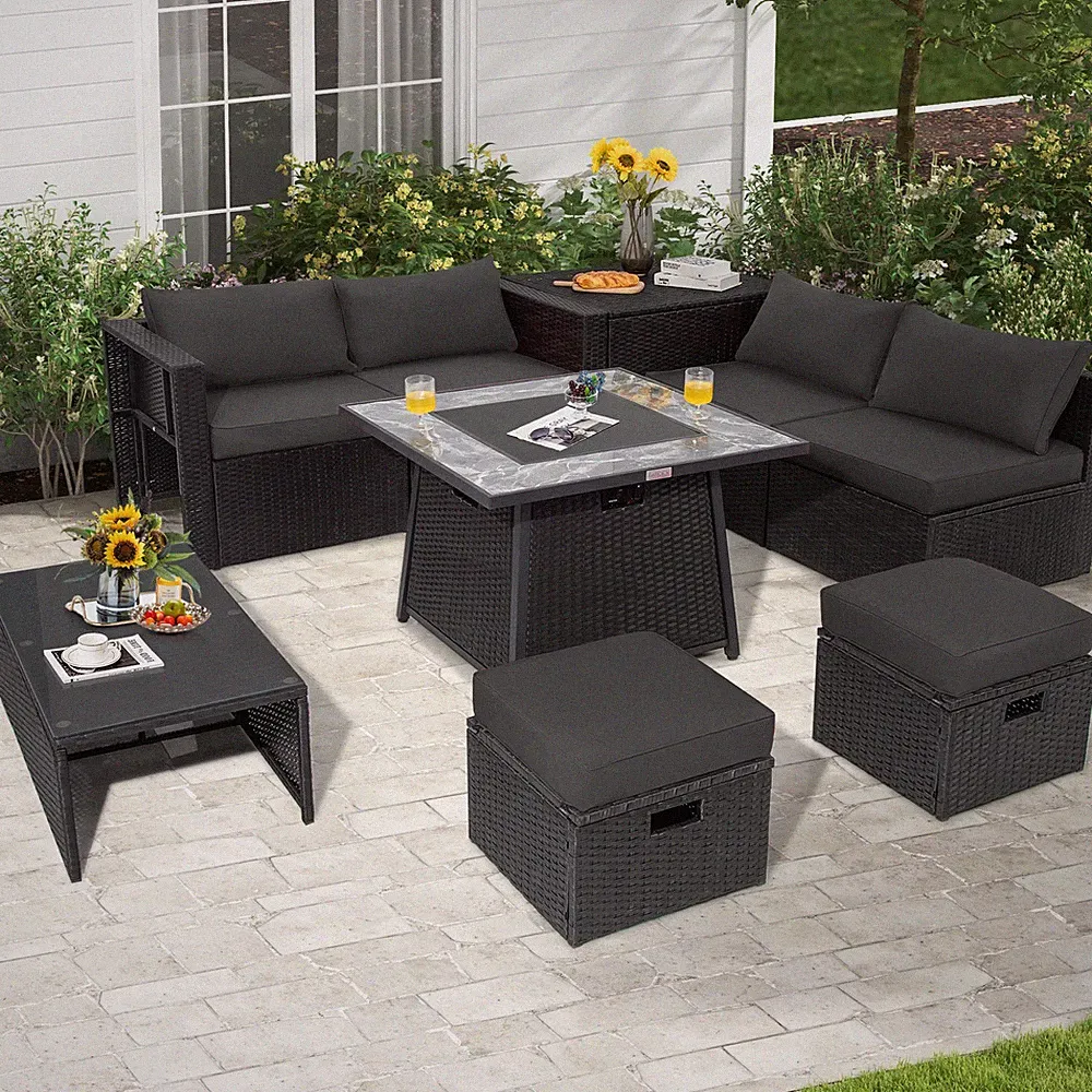 9 PCS Outdoor Rattan Sectional Sofa Set with 35" Gas Fire Pit Table Grey