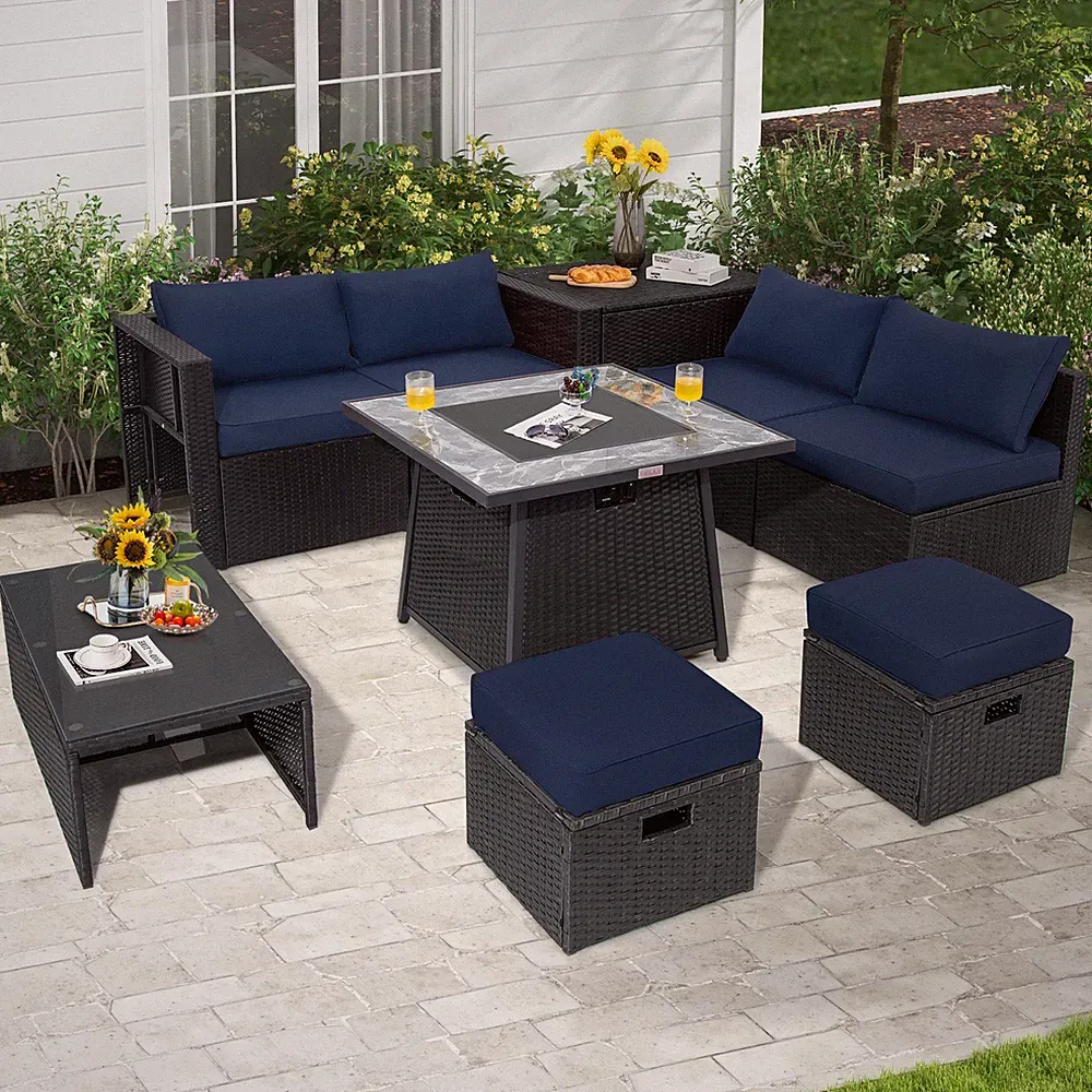 9 PCS Outdoor Rattan Sectional Sofa Set with 35" Gas Fire Pit Table Navy