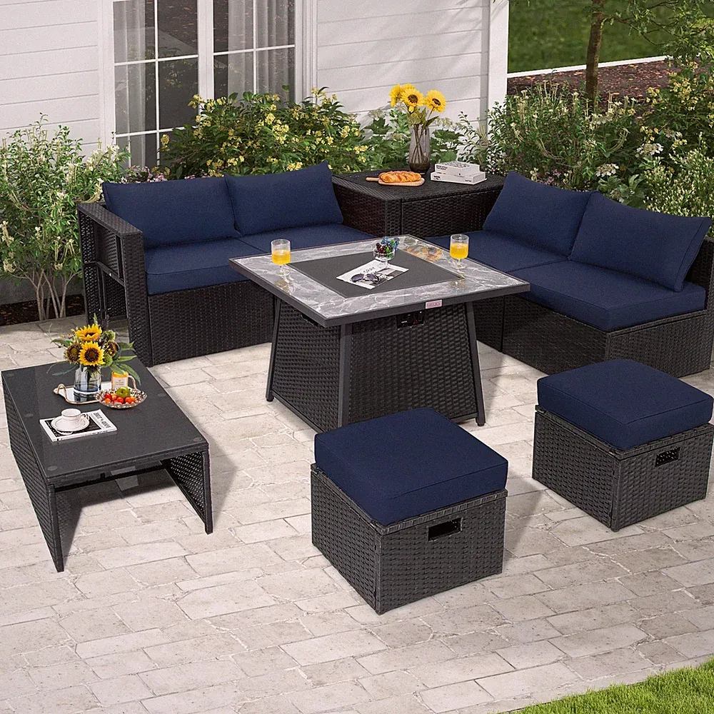 9 PCS Outdoor Rattan Sectional Sofa Set with 35" Gas Fire Pit Table Navy