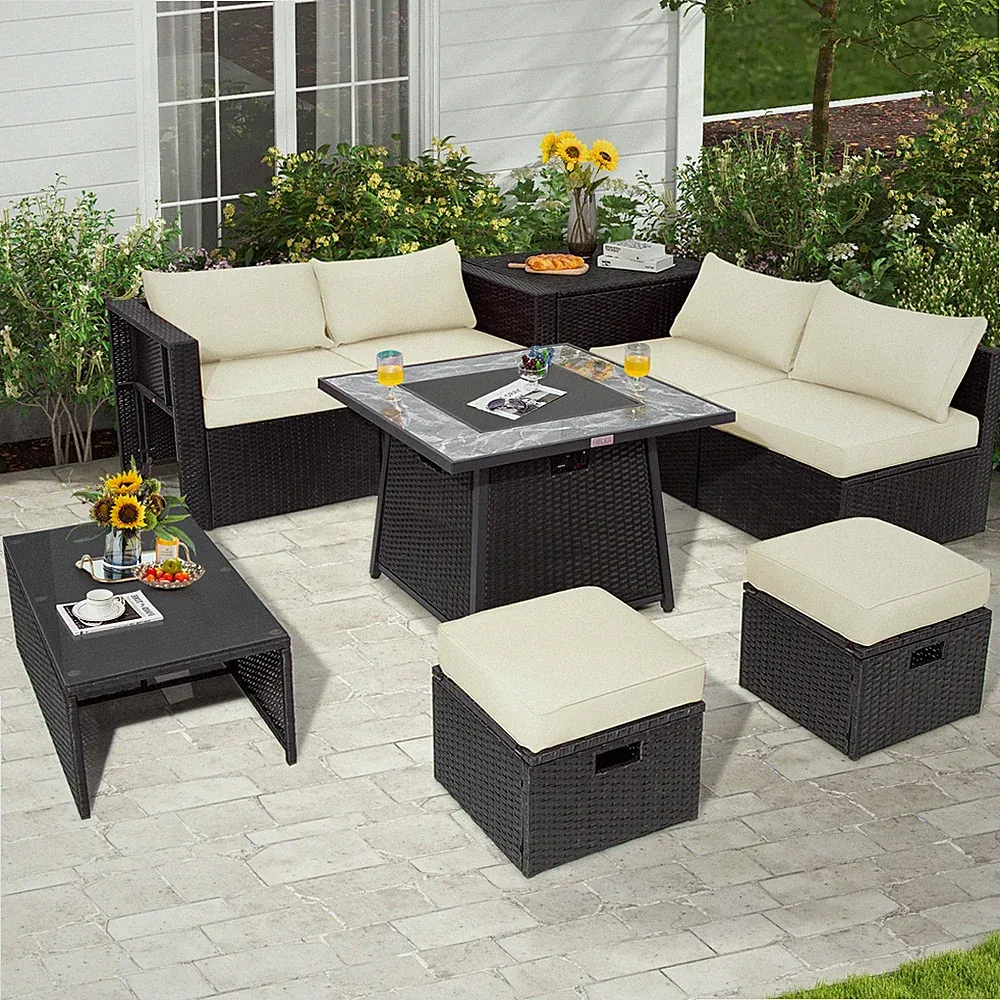 9 PCS Outdoor Rattan Sectional Sofa Set with 35" Gas Fire Pit Table Off White