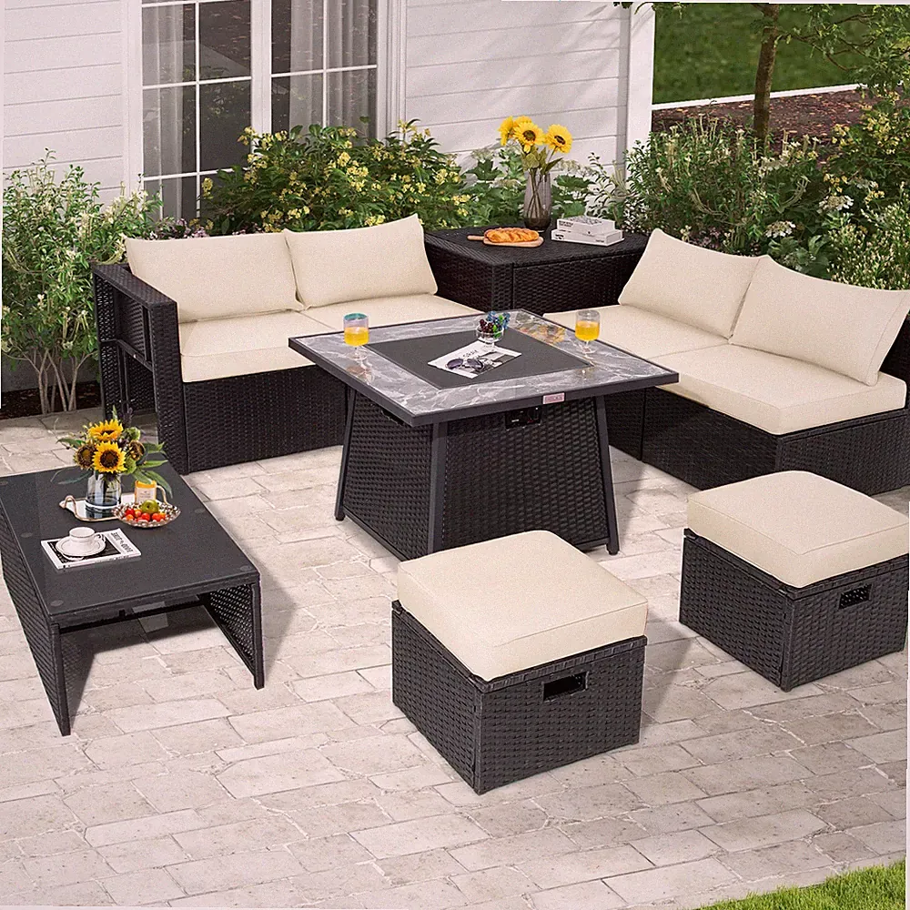 9 PCS Outdoor Rattan Sectional Sofa Set with 35" Gas Fire Pit Table Off White