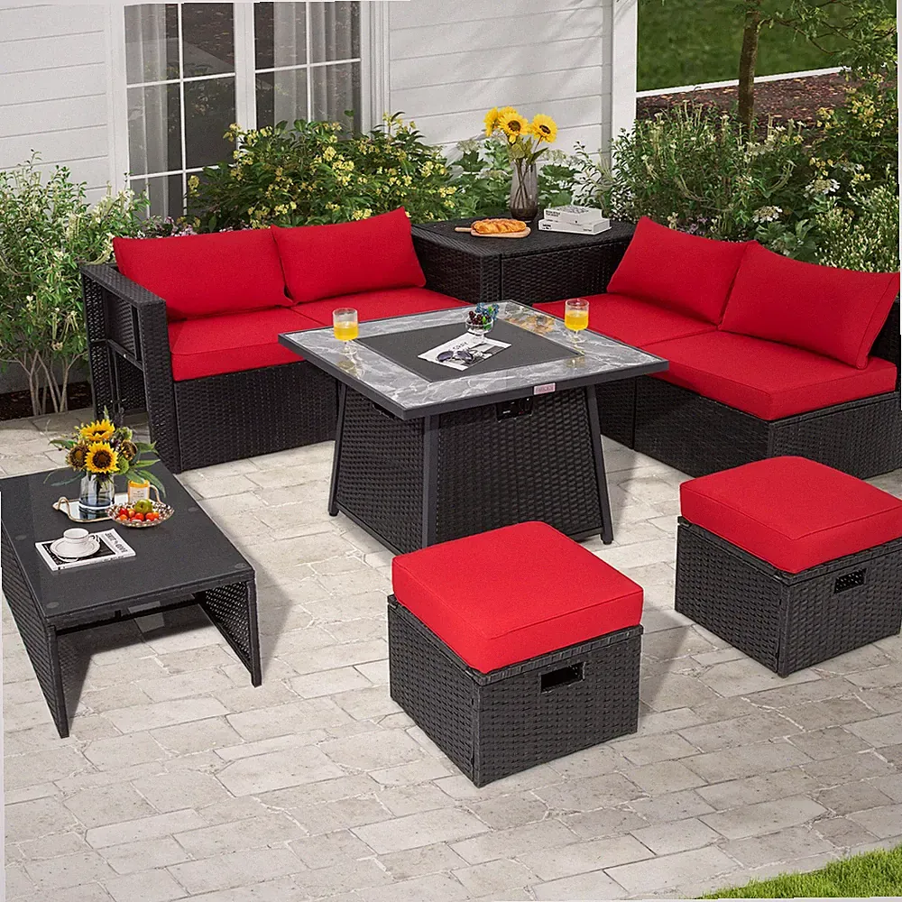 9 PCS Outdoor Rattan Sectional Sofa Set with 35" Gas Fire Pit Table Red