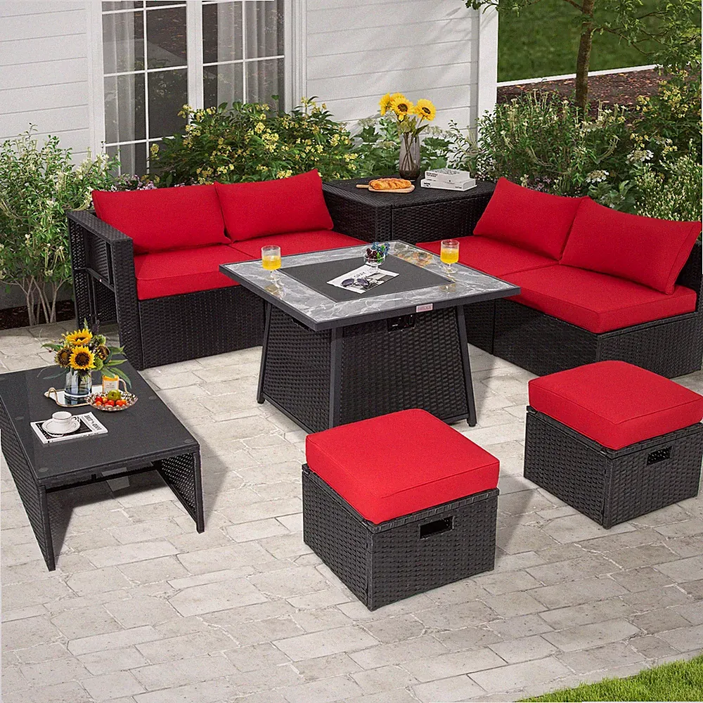 9 PCS Outdoor Rattan Sectional Sofa Set with 35" Gas Fire Pit Table Red
