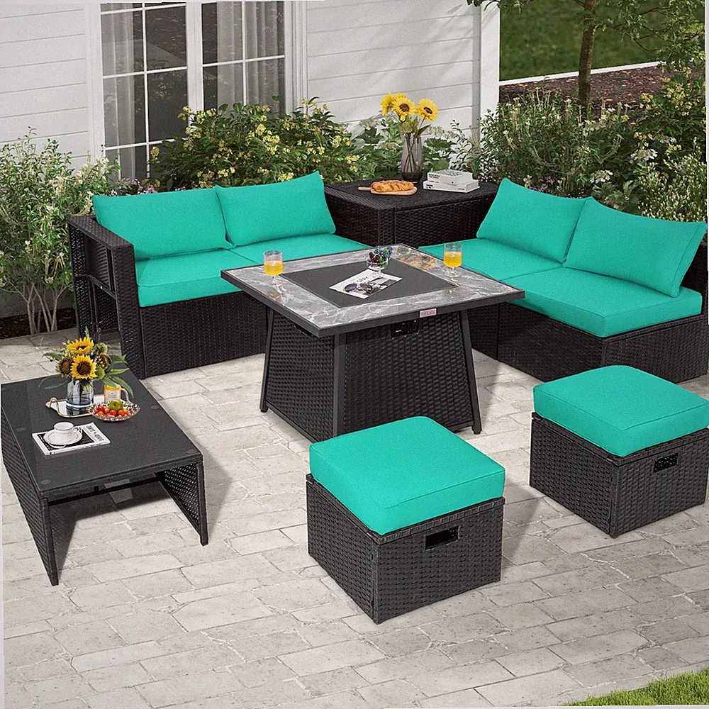 9 PCS Outdoor Rattan Sectional Sofa Set with 35" Gas Fire Pit Table Turquoise