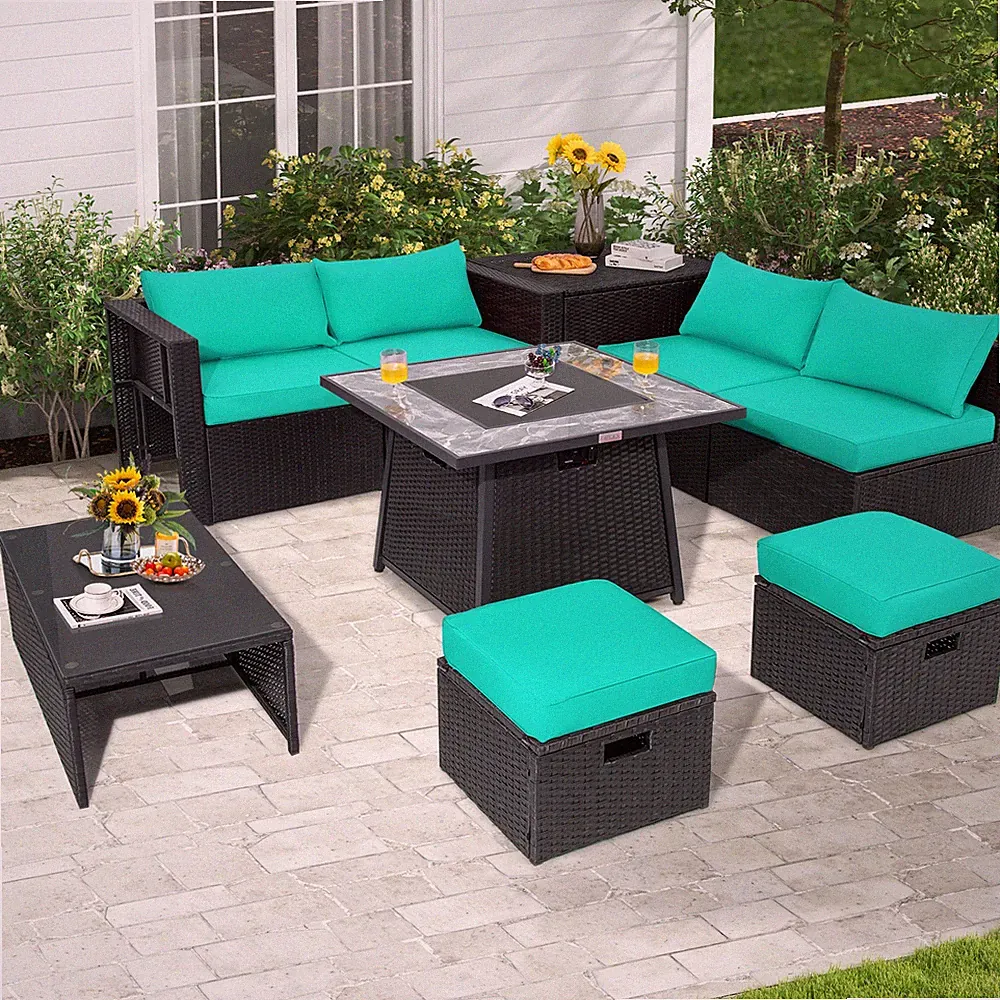 9 PCS Outdoor Rattan Sectional Sofa Set with 35" Gas Fire Pit Table Turquoise