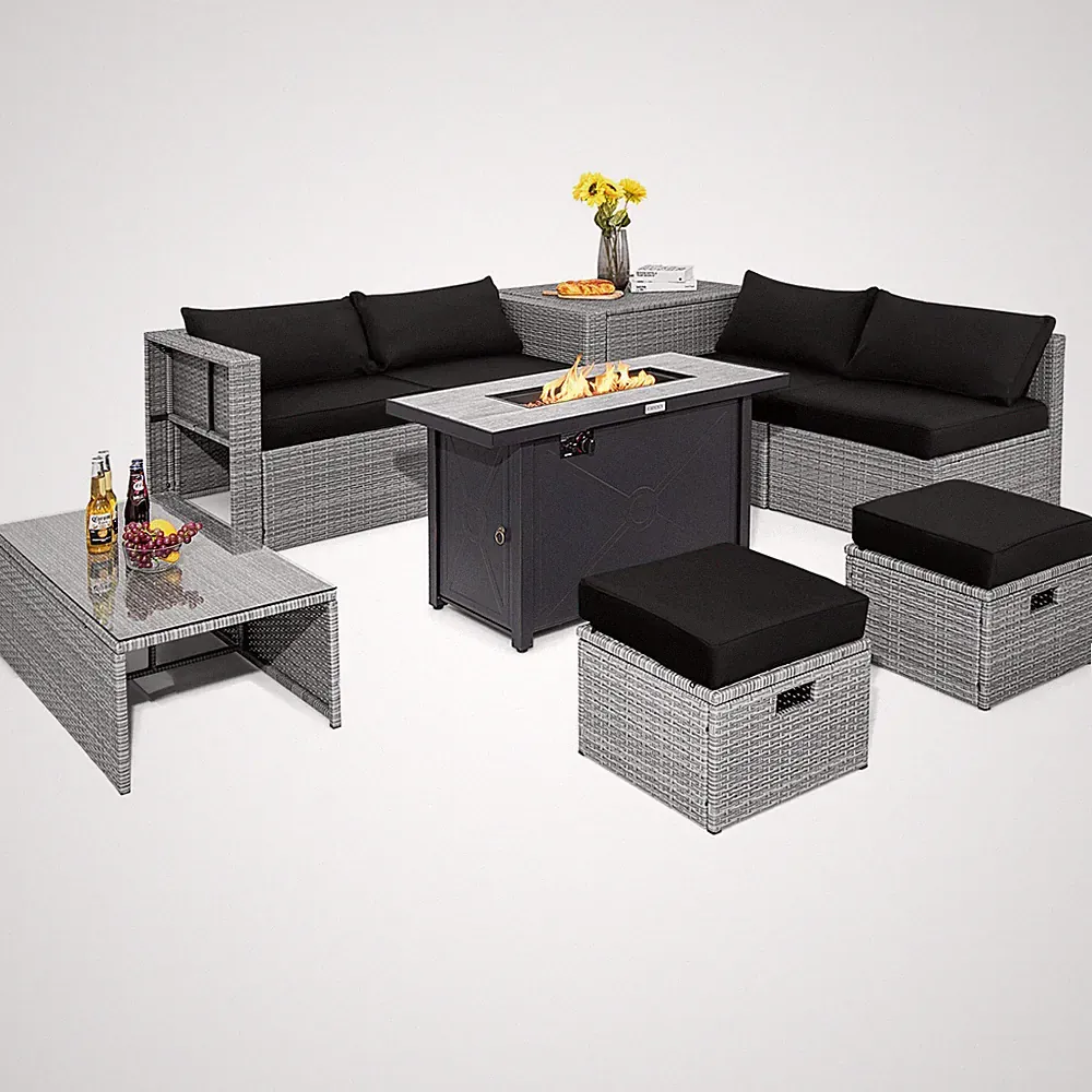9 Pcs Patio Furniture Set 42 In 60000 BTU Fire Pit Black Wicker Sofa Sectional