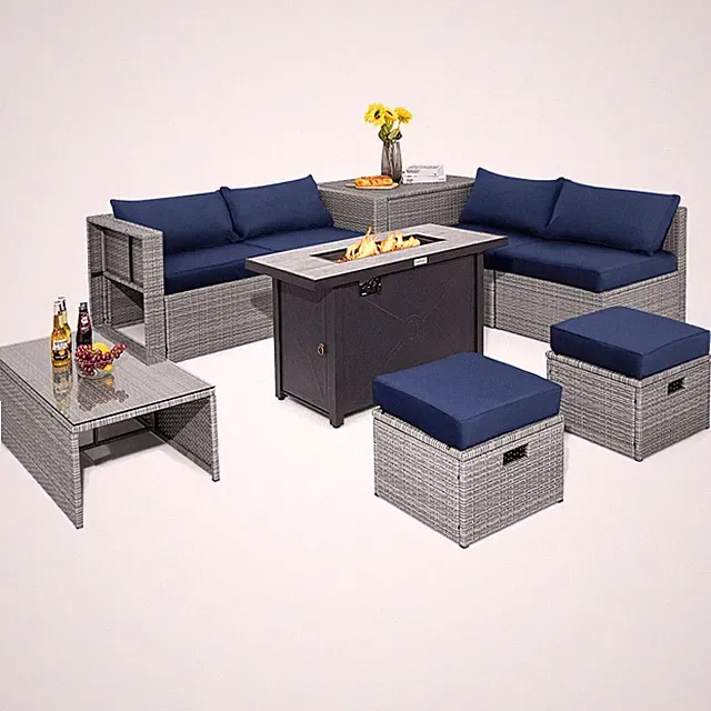 9 Pcs Patio Furniture Set 42 In 60000 BTU Fire Pit Navy Wicker Sofa Sectional