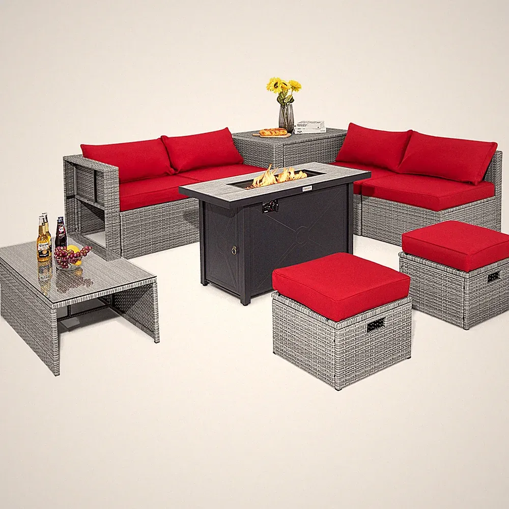 9 Pcs Patio Furniture Set 42 In 60000 BTU Fire Pit Red Wicker Sofa Sectional New