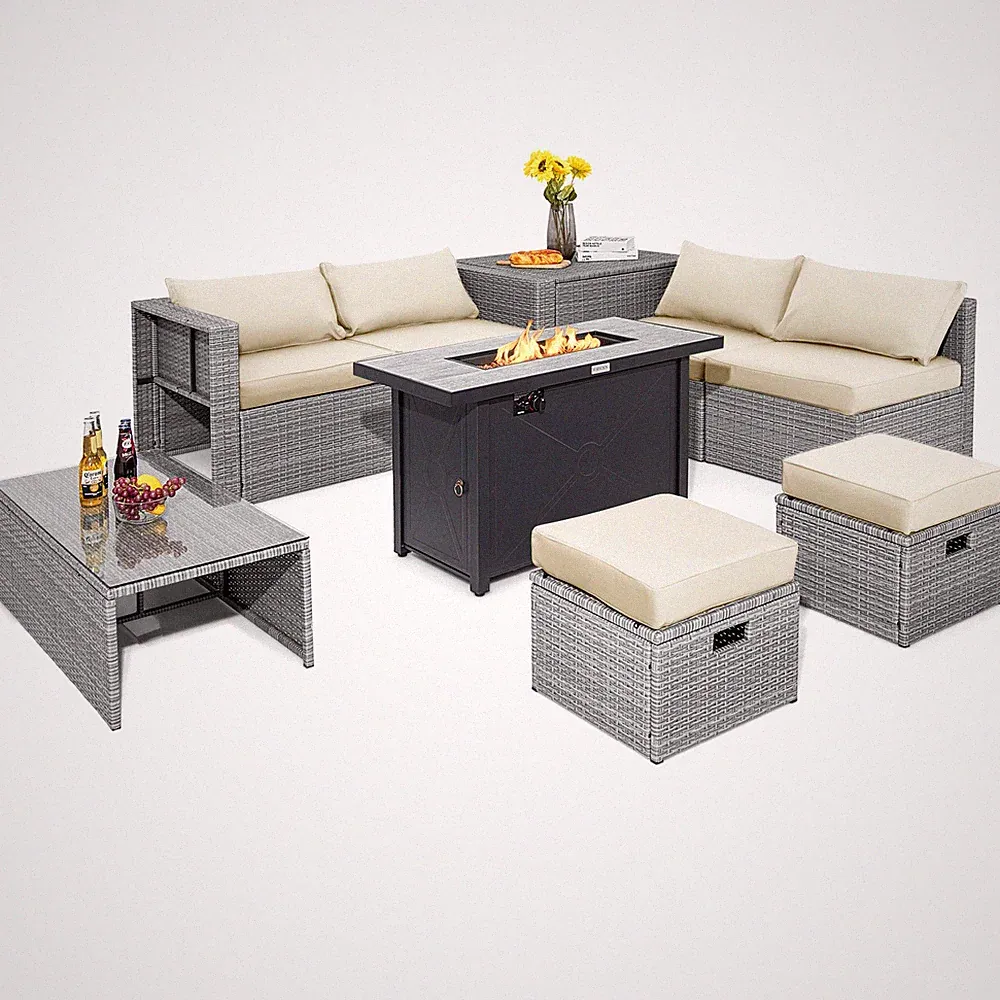 9 Pcs Patio Furniture Set 42 In 60000 BTU Fire Pit White Wicker Sofa Sectional
