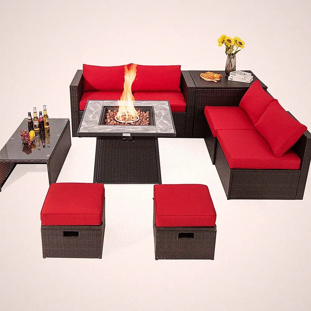 9 Pcs Patio PE Wicker Sectional Set 50000 BTU Fire Pit Table Red Sofa Furniture