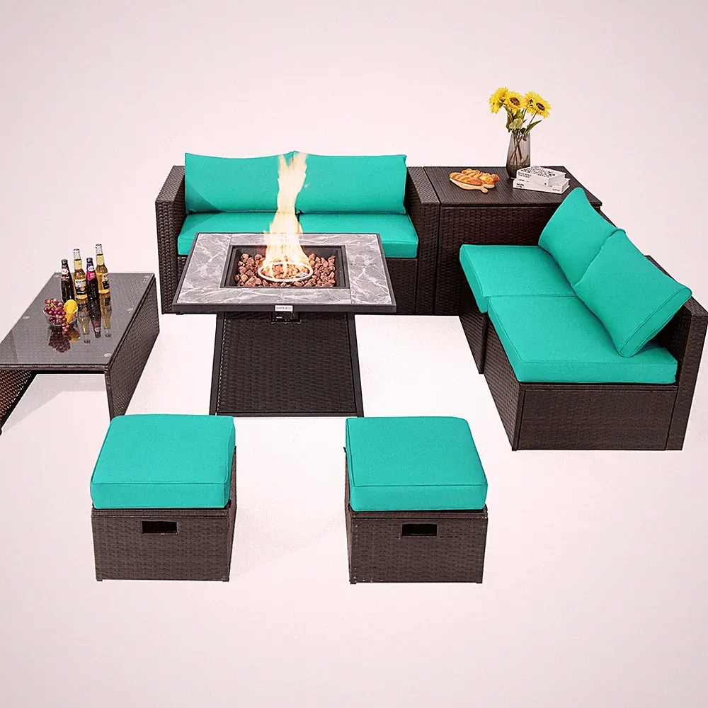 9 Pcs Patio PE Wicker Sectional Set 50000 BTU Fire Pit Table Turquoise Furniture