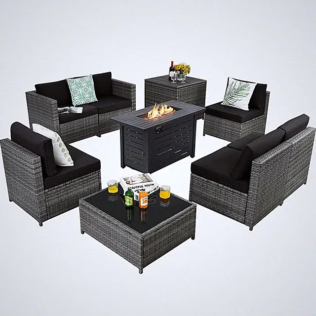 9 PCS Wicker Sofa Rattan Furniture Set w/60,000 Btu Heater Propane Gas Fire Pit