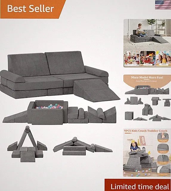 9-Piece Grey Kids Couch - Washable, No Assembly Required, Perfect for Playrooms