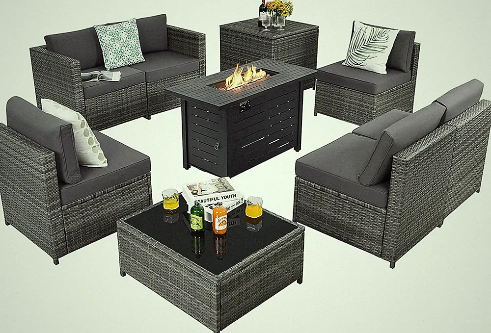 9-Piece Grey Rattan Patio Furniture Set with Fire Pit & Storage Box