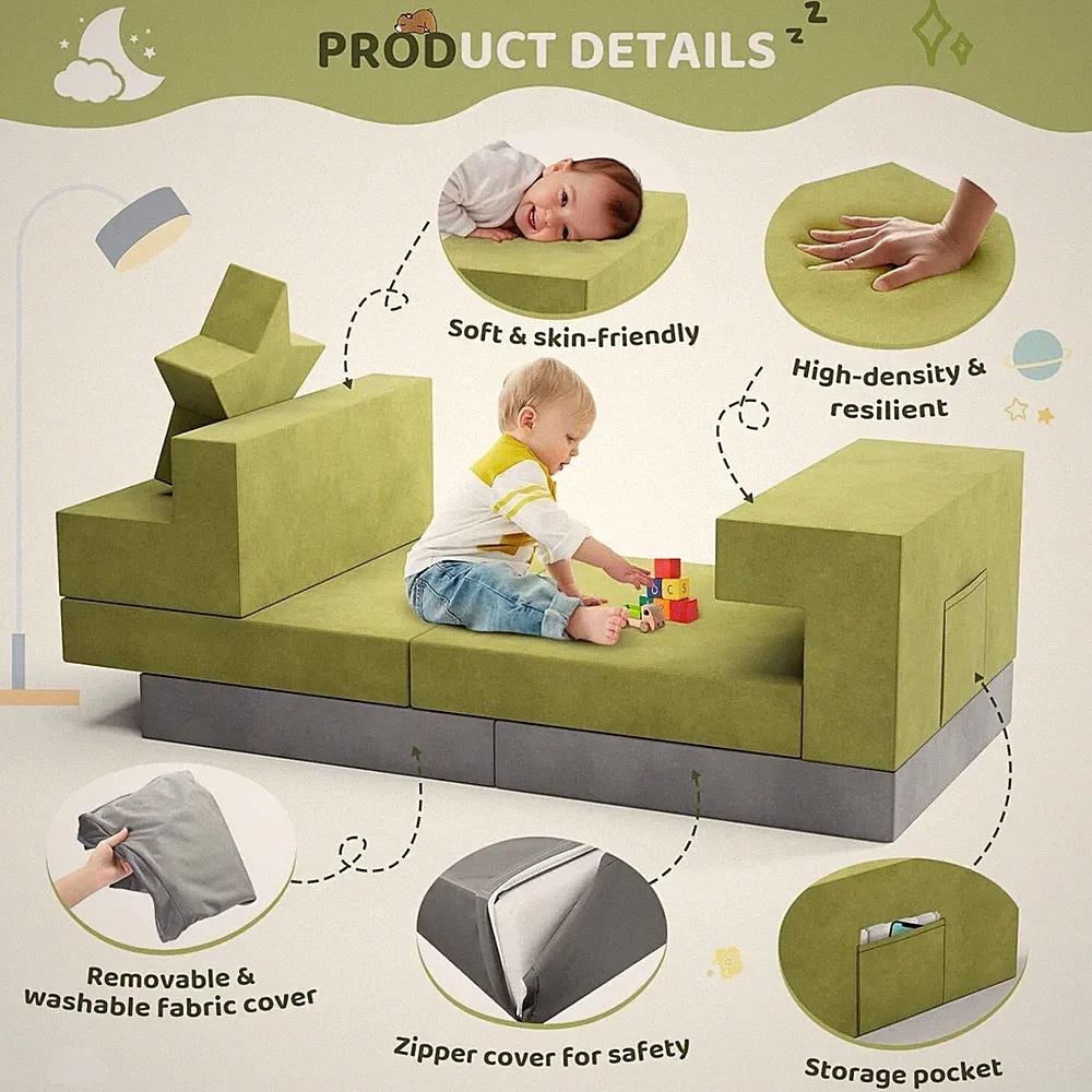 9-Piece Kids Play Couch – Modular Sofa Bed Removable Cover Building Sofa Foam