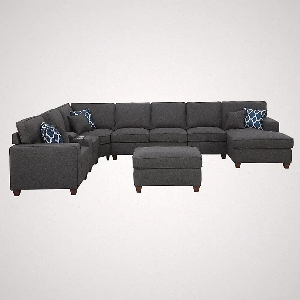9-Piece Linen Fabric Upholstered Sectional With Chaise & Console-Dark Gray