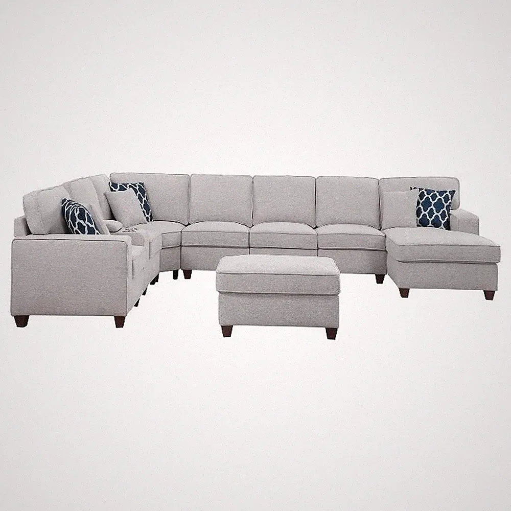 9-Piece Linen Fabric Upholstered Sectional With Chaise & Console-Light Gray